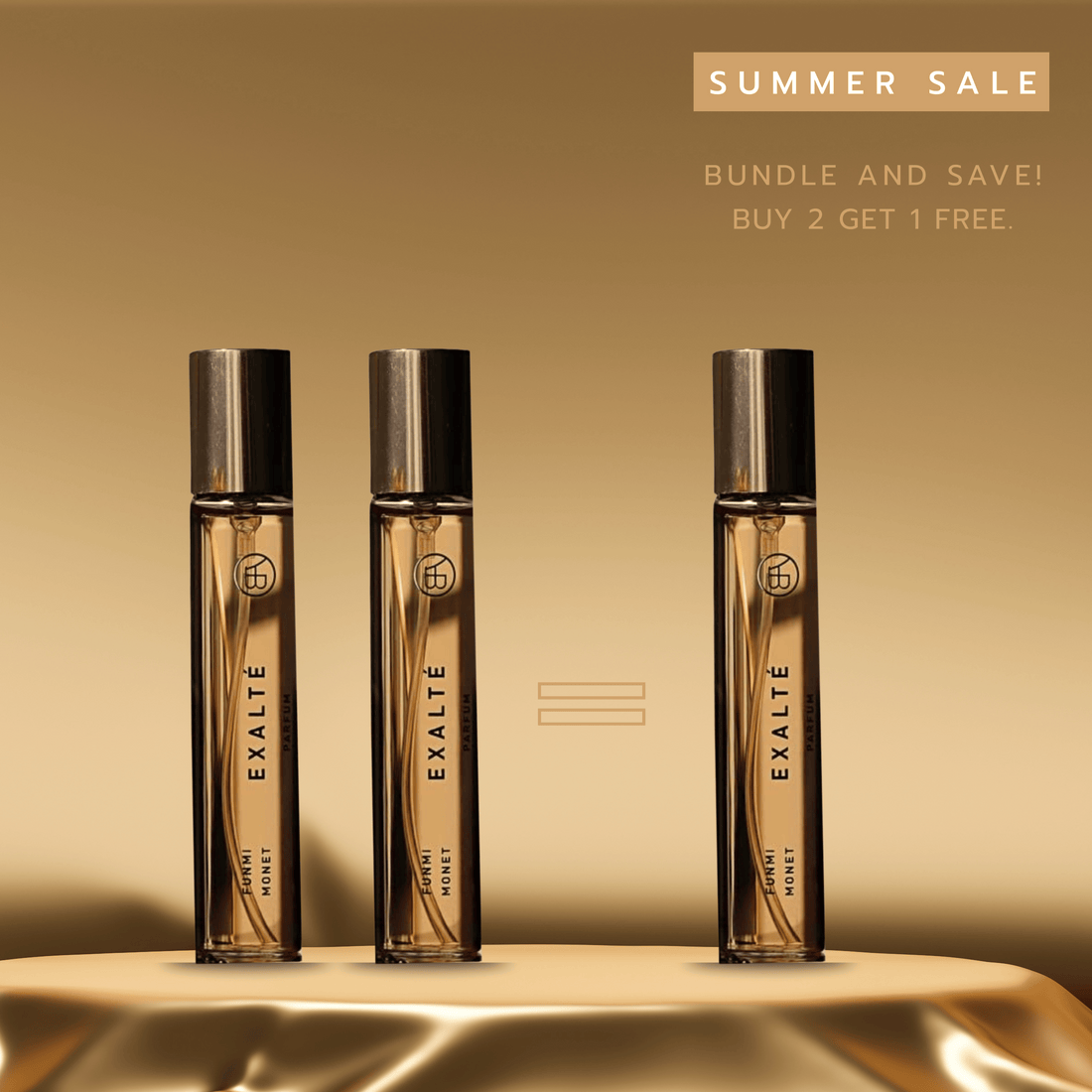 3 exalte fragrance bottles on a gold background with summer sale text