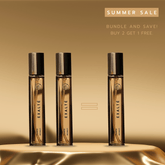 3 exalte fragrance bottles on a gold background with summer sale text
