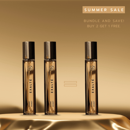 3 exalte fragrance bottles on a gold background with summer sale text